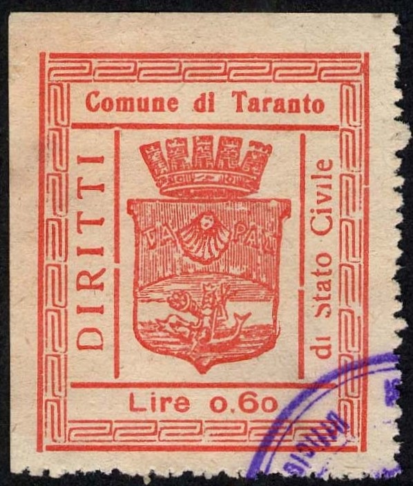 Marca da Bollo del Comune di TARANTO su Carta Bianca Sottile di dimensioni 33 x 40 mm
