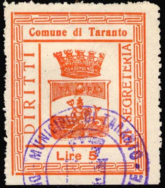 Marca da Bollo del Comune di TARANTO su Carta Bianca Sottile di dimensioni 32,5 x 40 mm