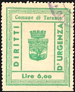 Marca da Bollo del Comune di TARANTO su Carta Bianca Sottile di dimensioni 32,5 x 40 mm