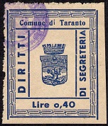 Marca da Bollo del Comune di TARANTO su Carta Bianca Sottile di dimensioni 32,5 x 39,5 mm