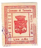 Marca da Bollo del Comune di TARANTO su Carta Bianca Sottile di dimensioni 33 x 40,5 mm