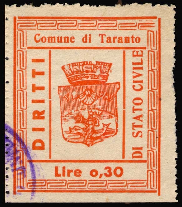 Marca da Bollo del Comune di TARANTO su Carta Bianca di dimensioni 33 x 40 mm