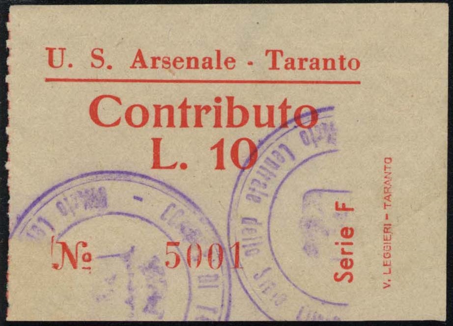 Marca da Bollo del Comune di TARANTO su Carta Bianca di dimensioni 48 x 36 mm