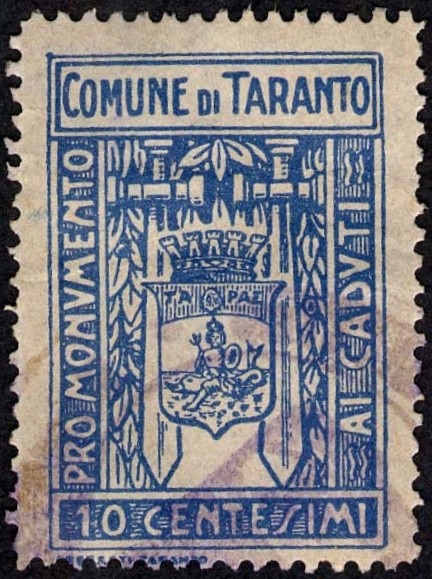 Marca da Bollo del Comune di TARANTO su Carta Bianca Sottile di dimensioni 22 x 33,5 mm