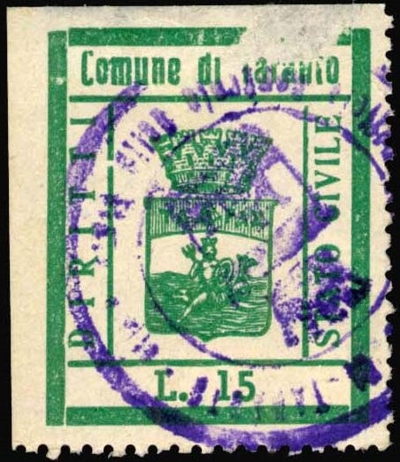 Marca da Bollo del Comune di TARANTO su Carta Bianca di dimensioni 25,5 x 31,5 mm
