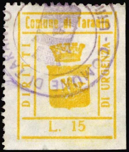 Marca da Bollo del Comune di TARANTO su Carta Bianca di dimensioni 24 x 30,5 mm
