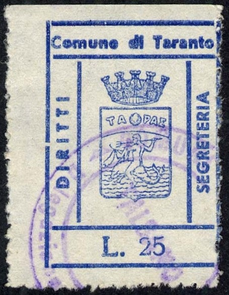 Marca da Bollo del Comune di TARANTO su Carta Bianca di dimensioni 23,5 x 33 mm