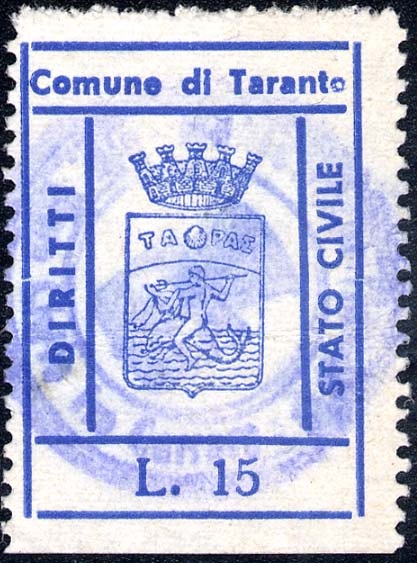 Marca da Bollo del Comune di TARANTO su Carta Bianca Sottile di dimensioni 24 x 30,5 mm