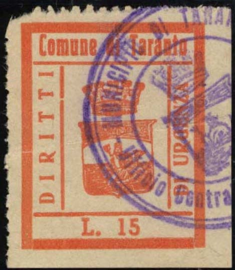 Marca da Bollo del Comune di TARANTO su Carta Bianca Sottile di dimensioni 25 x 31 mm