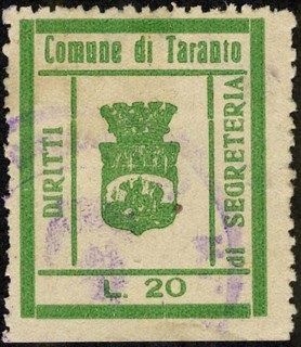 Marca da Bollo del Comune di TARANTO su Carta Bianca di dimensioni 25,5 x 31 mm