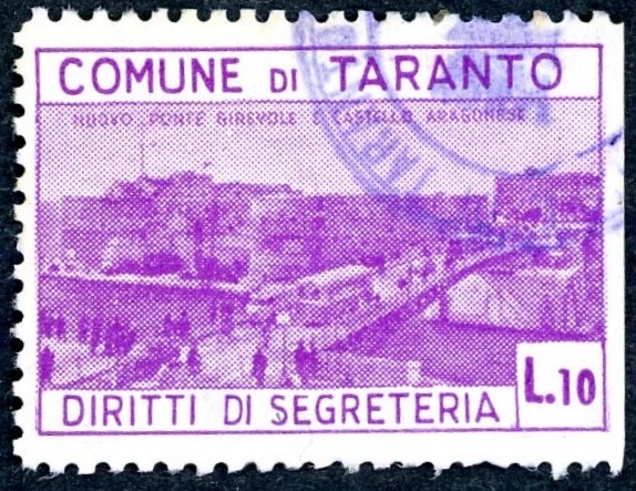 Marca da Bollo del Comune di TARANTO su Carta Bianca di dimensioni 23,5 x 33,5 mm