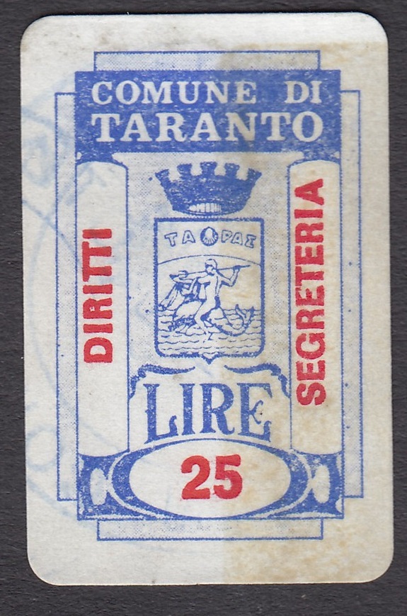 Marca da Bollo del Comune di TARANTO su Carta Bianca di dimensioni 19,5 x 31 mm