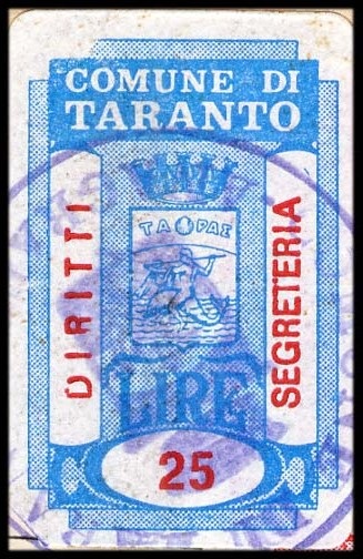 Marca da Bollo del Comune di TARANTO su Carta Bianca di dimensioni 18 x 29 mm