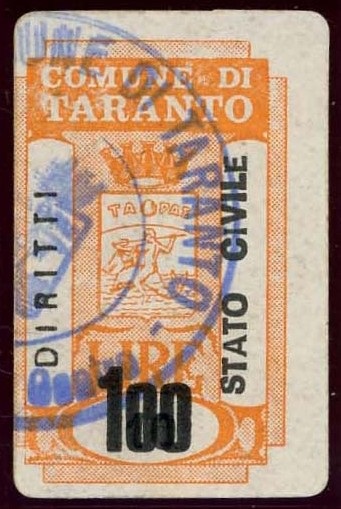 Marca da Bollo del Comune di TARANTO su Carta Bianca di dimensioni 18 x 29 mm