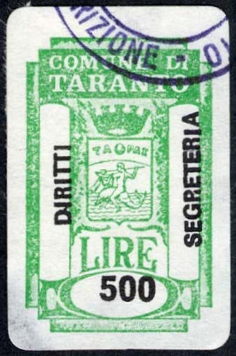 Marca da Bollo del Comune di TARANTO su Carta Bianca di dimensioni 17 x 27 mm