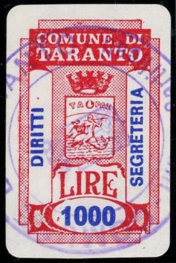 Marca da Bollo del Comune di TARANTO su Carta Bianca di dimensioni 18 x 29 mm