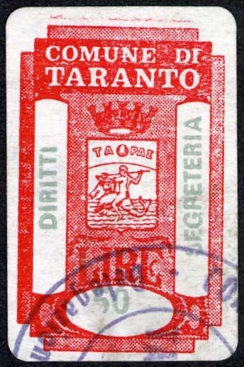 Marca da Bollo del Comune di TARANTO su Carta Bianca di dimensioni 18 x 29 mm