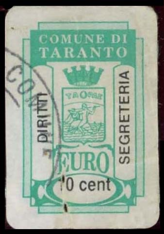 Marca da Bollo del Comune di TARANTO su Carta Bianca di dimensioni 17 x 27 mm