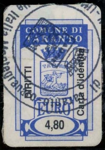 Marca da Bollo del Comune di TARANTO su Carta Bianca di dimensioni 17,5 x 27 mm