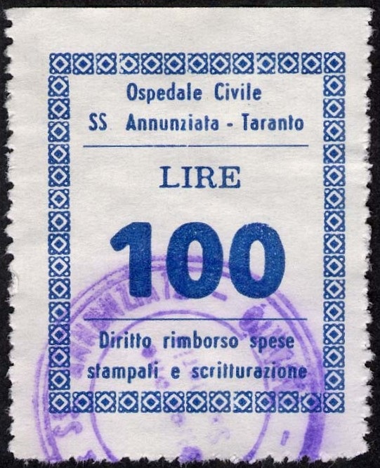 Marca da Bollo del Comune di TARANTO su Carta Bianca di dimensioni 30 x 36 mm