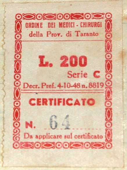 Marca da Bollo del Comune di TARANTO su Carta Bianca di dimensioni 30 x 36 mm