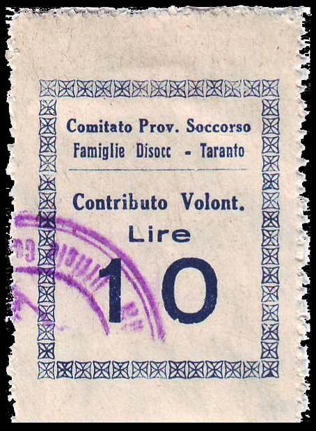 Marca da Bollo del Comune di TARANTO su Carta Bianca Sottile di dimensioni 29 x 35,5 mm