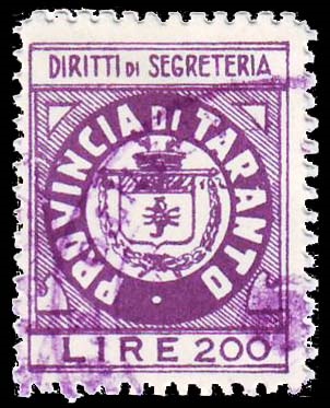 Marca da Bollo del Comune di TARANTO su Carta Bianca Sottile di dimensioni 20 x 25 mm