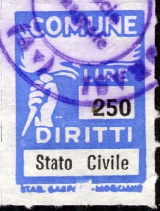 Marca da Bollo del Comune di TAURASI su Carta Bianca di dimensioni 18,5 x 26 mm