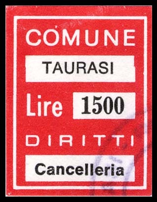 Marca da Bollo del Comune di TAURASI su Carta Bianca di dimensioni 20,5 x 26,5 mm