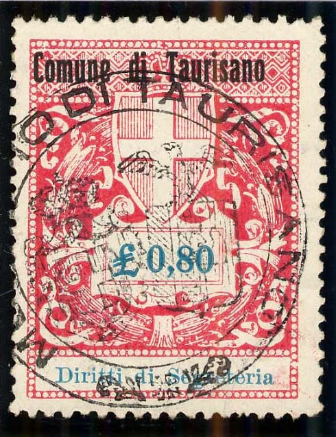 Marca da Bollo del Comune di TAURISANO su Carta Bianca Sottile di dimensioni 27,5 x 37 mm