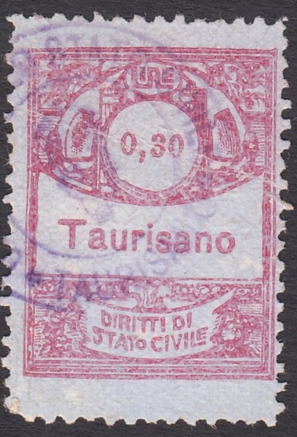Marca da Bollo del Comune di TAURISANO su Carta Bianca di dimensioni 22,5 x 28,5 mm