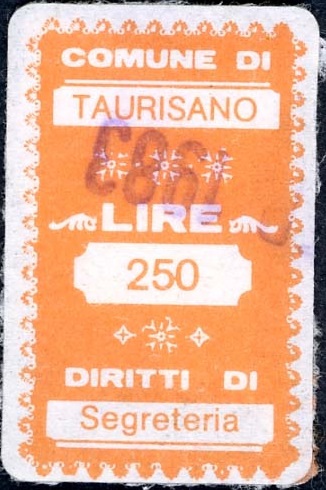Marca da Bollo del Comune di TAURISANO su Carta Bianca di dimensioni 20 x 32 mm