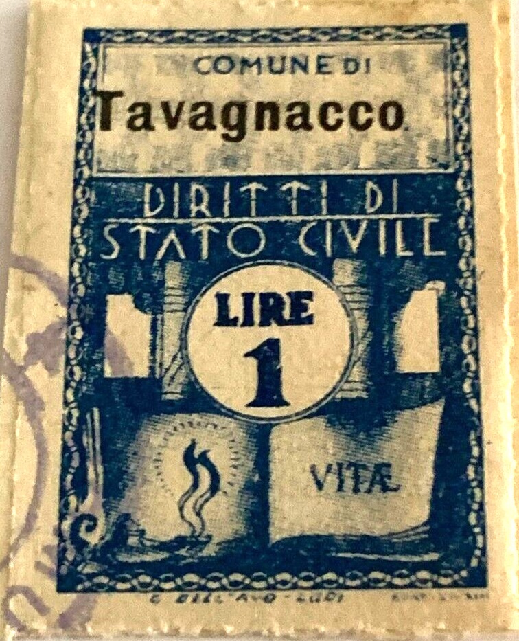 Marca da Bollo del Comune di TAVAGNACCO su Carta Bianca Sottile di dimensioni 21 X 32 mm