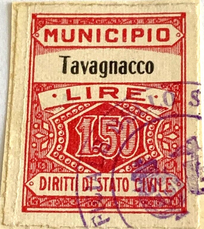 Marca da Bollo del Comune di TAVAGNACCO su Carta Bianca Sottile di dimensioni 22 x 29 mm