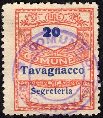 Marca da Bollo del Comune di TAVAGNACCO su Carta Bianca di dimensioni 22 x 28 mm