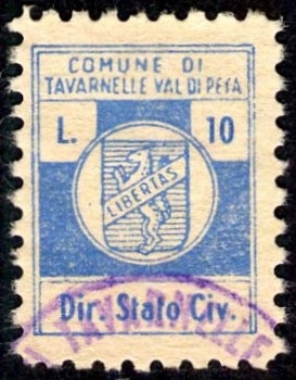 Marca da Bollo del Comune di TAVARNELLE VAL DI PESA su Carta Bianca di dimensioni 18 x 23 mm