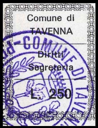Marca da Bollo del Comune di TAVENNA su Carta Bianca di dimensioni 22 x 29 mm