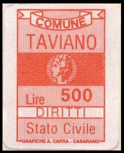 Marca da Bollo del Comune di TAVIANO su Carta Bianca di dimensioni 17 x 26 mm