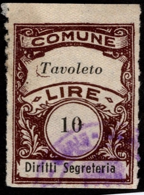 Marca da Bollo del Comune di TAVOLETO su Carta Bianca di dimensioni 16 x 25 mm