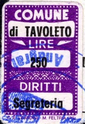 Marca da Bollo del Comune di TAVOLETO su Carta Bianca di dimensioni 16 x 25 mm