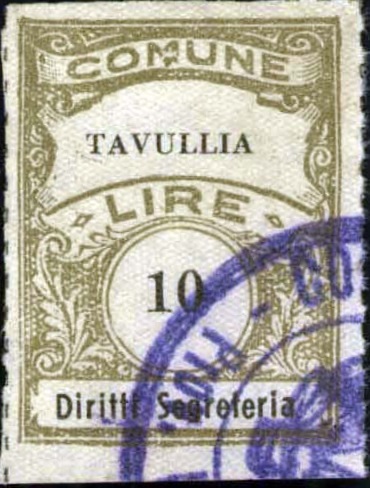 Marca da Bollo del Comune di TAVULLIA su Carta Bianca Sottile di dimensioni 22,5 x 29 mm