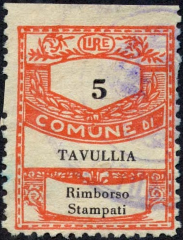 Marca da Bollo del Comune di TAVULLIA su Carta Bianca di dimensioni 22 x 31 mm