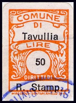 Marca da Bollo del Comune di TAVULLIA su Carta Bianca di dimensioni 13 x 19,5 mm
