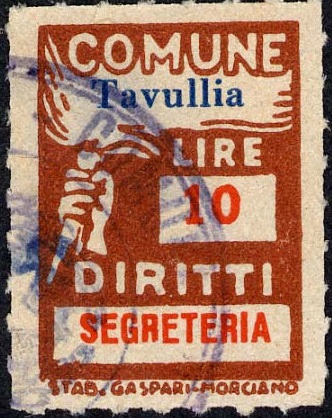 Marca da Bollo del Comune di TAVULLIA su Carta Bianca Sottile di dimensioni 18,5 x 26 mm