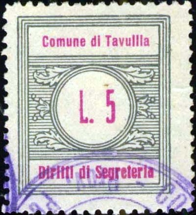 Marca da Bollo del Comune di TAVULLIA su Carta Bianca Sottile di dimensioni 22 x 26 mm