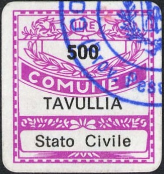 Marca da Bollo del Comune di TAVULLIA su Carta Bianca di dimensioni 19 x 21 mm