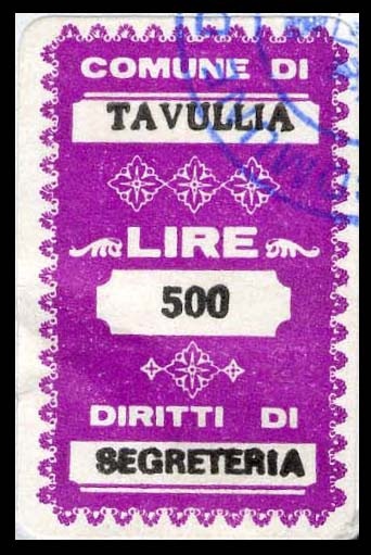 Marca da Bollo del Comune di TAVULLIA su Carta Bianca di dimensioni 20 x 32,5 mm