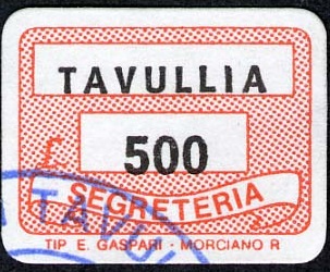 Marca da Bollo del Comune di TAVULLIA su Carta Bianca di dimensioni 19 x 14 mm