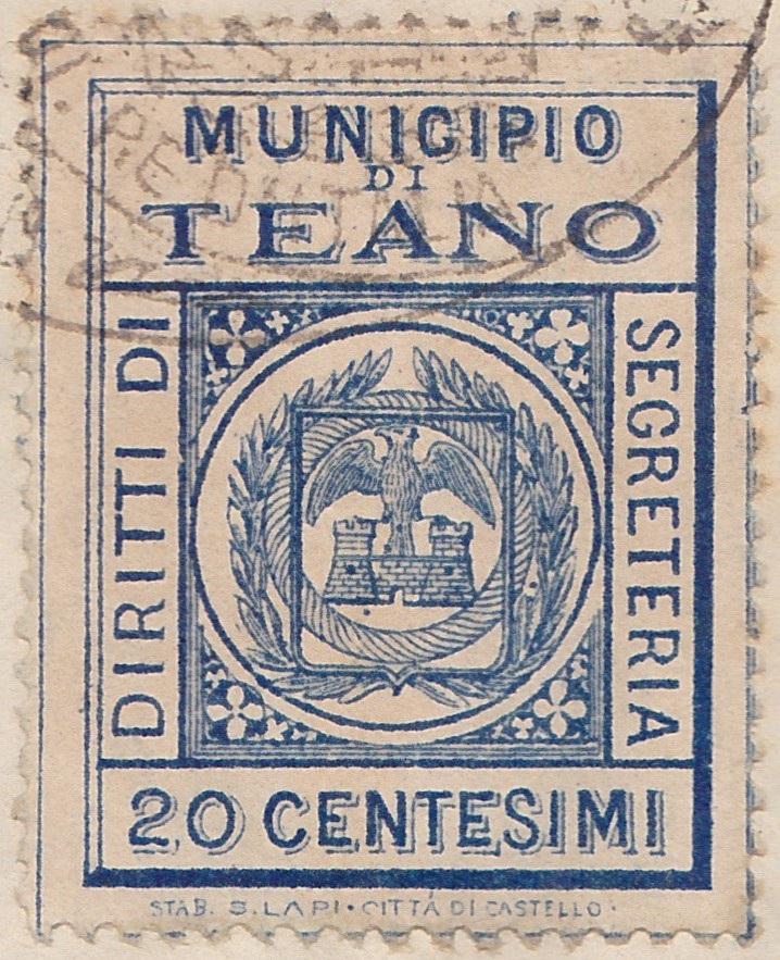 Marca da Bollo del Comune di TEANO su Carta Bianca di dimensioni 24,5 x 31 mm