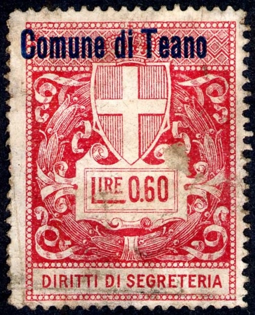 Marca da Bollo del Comune di TEANO su Carta Bianca di dimensioni 27,5 x 37 mm